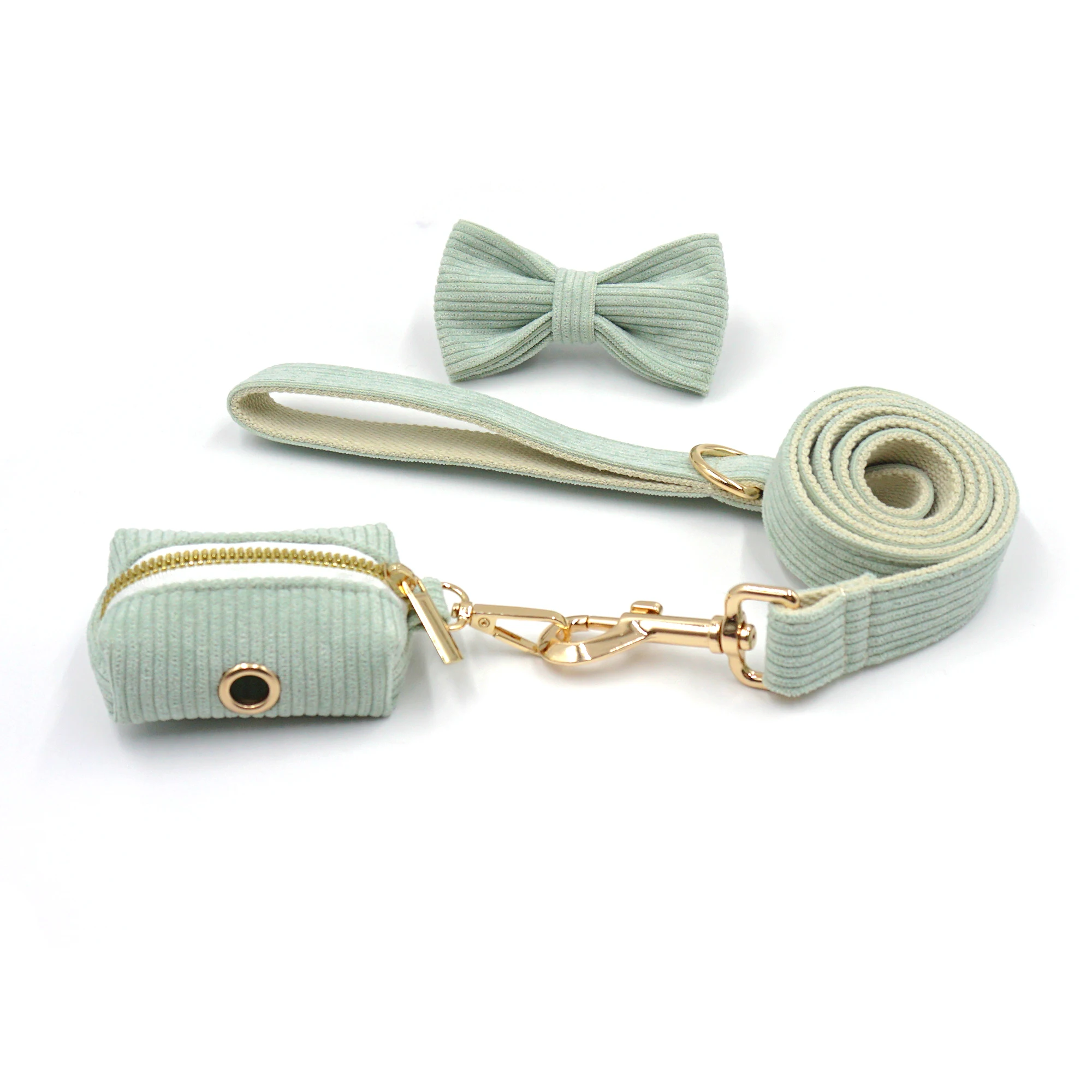 Mint Green Corduroy Cat Collar Personalized Anti-Lost Pet Collar for Small Medium Large Dogs Soft Pet Harness Leash Set with Bow