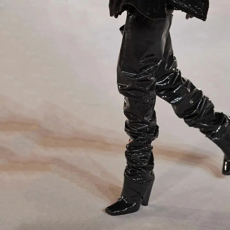 Arden Furtado Brown Patent Leather Tapered heel Over the knee boots Square-head Pleated Slip-on Fashion high heel Knight boots
