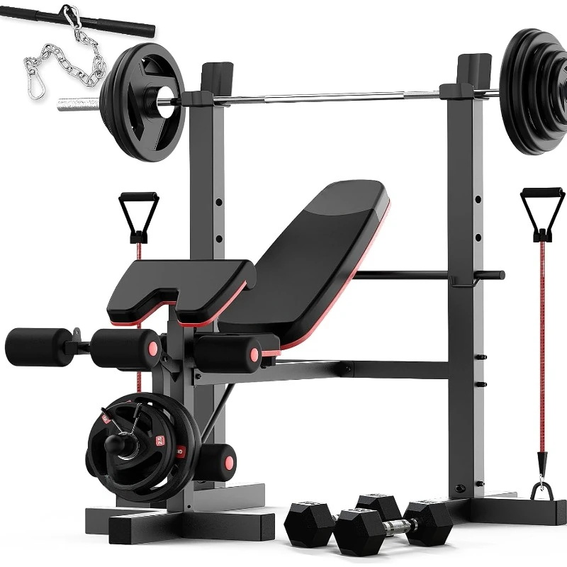 6 in 1 Weight Bench Set with Leg Extension, 660LBS Workout Bench Press Rack for Home Gym with Resistance Bands