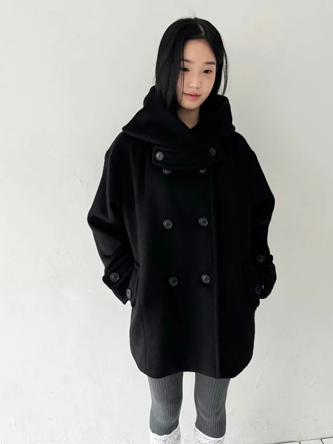 Chic Double-Row Buttoned Woolen Coat with Hat for Women Sweet Style Long Sleeve Mid-Length Chinese Production Autumn Season