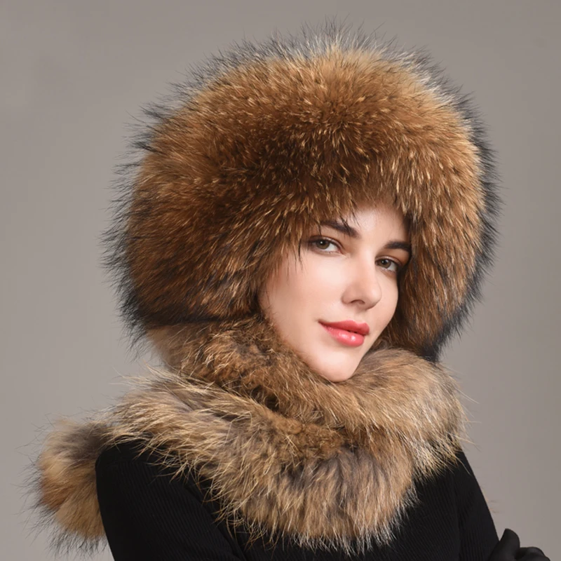 Women\'s Winter Hat With Real Natural Fox Fur Surround Extra length Can Be Used As A Scarf With Hanging Chain In The Back Caps