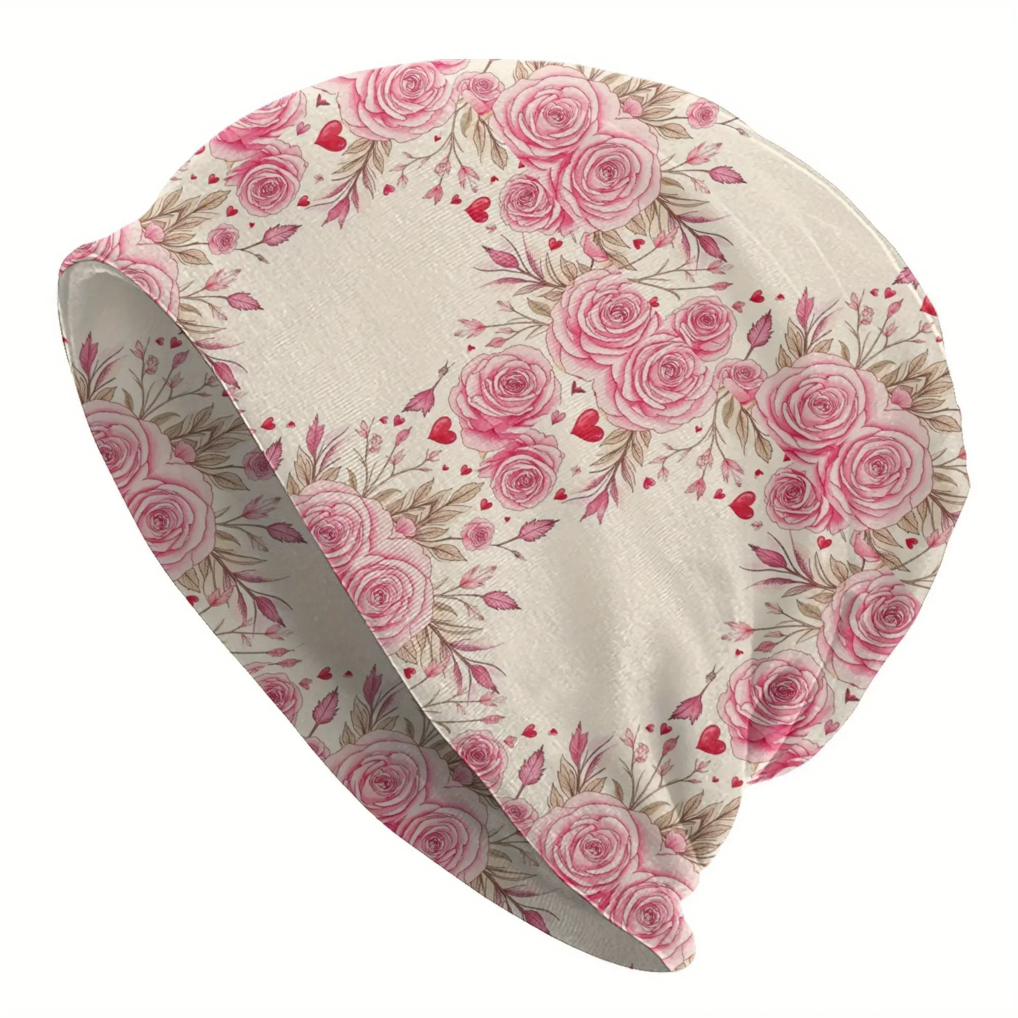 Custom Skullies Beanies Caps Pink Roses With Leaves And Hearts Thin Hat Autumn Spring Bonnet Hats Men Women'S Unisex
