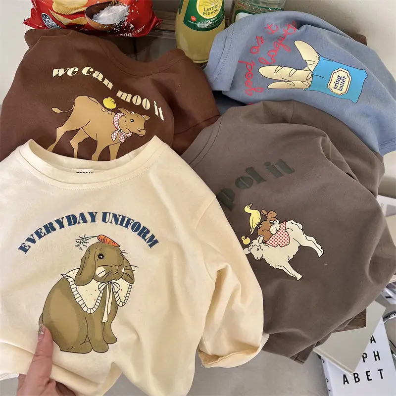 

2024 Cartoon Printed Children's T-Shirts Cotton Long Sleeved Loose Kids Top T-shirt For Boys Girls 1-5years Autumn Baby Cllothes