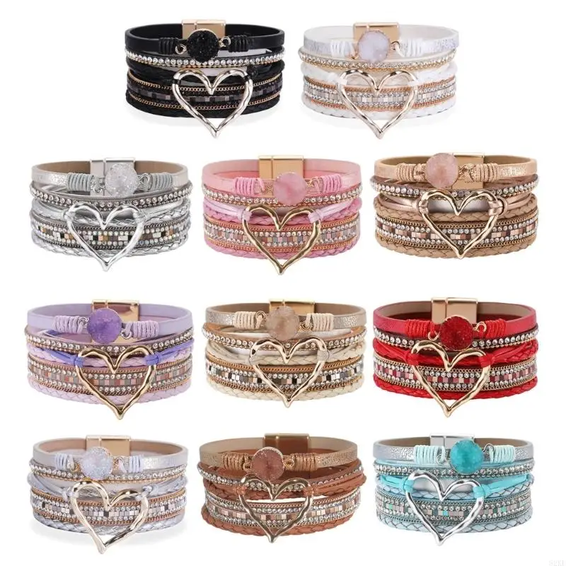 62KE Bracelet for Women Bohomian Leather Wrap Multi-Layer Heart Bracelet Bangle Jewelry Gift Fashionable Wrist Accessory