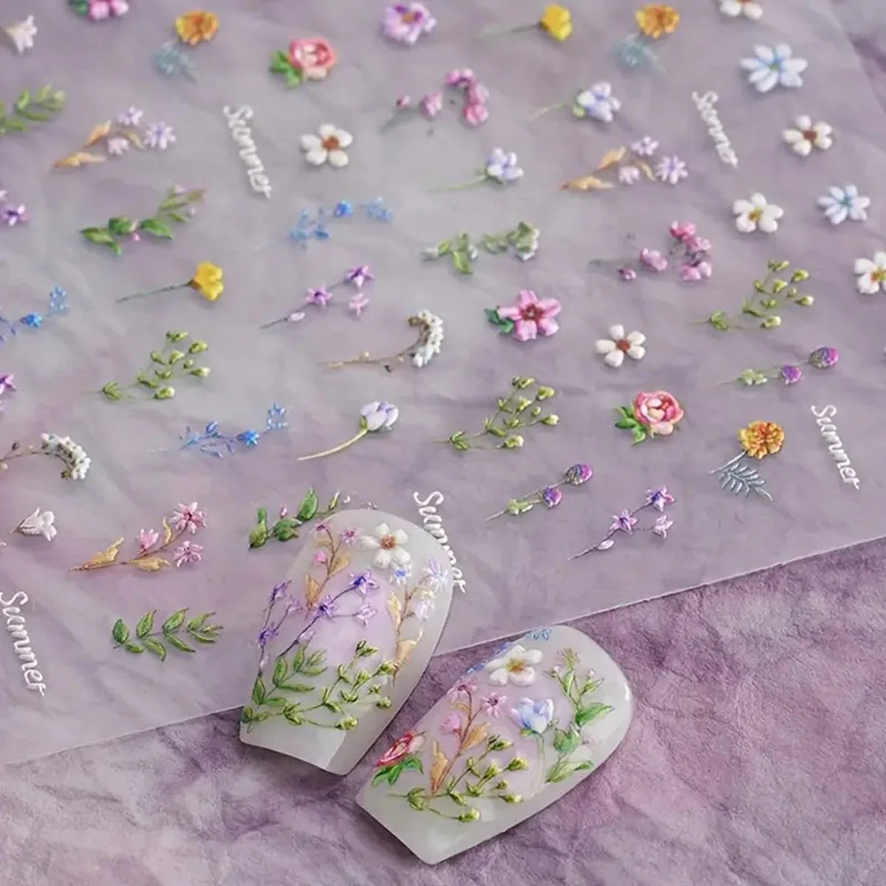 1pc Flower Nail Stickers Summer Floral Leaf Plant 5D Embossed Nail Slider Decals Self-Adhesive Nail Art Supplies Manicure Decor