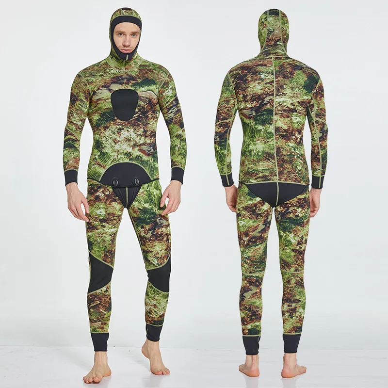 2-piece Men 3mm Spearfishing Camouflage Neoprene Wetsuit Scuba Diving Suit Hoodie Snorkeling Dive Deep to Hunting Fishing Suits