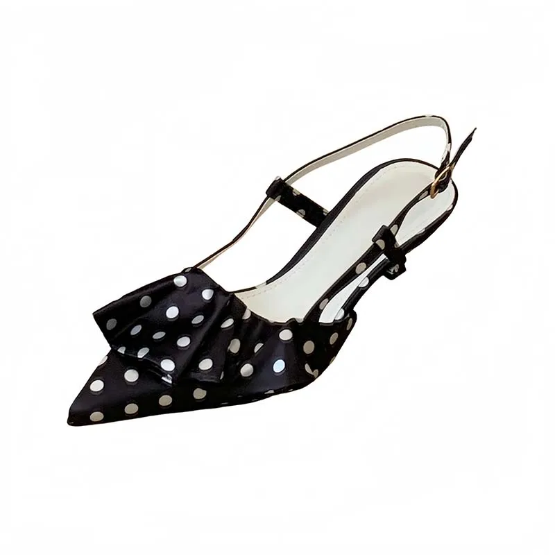 

White Heels Black Polka-Dot Ribbon Shoes For Woman 2026 Pointed-Toe Slingback Pumps Summer Comfort Low Heels Ladies Office Shoes