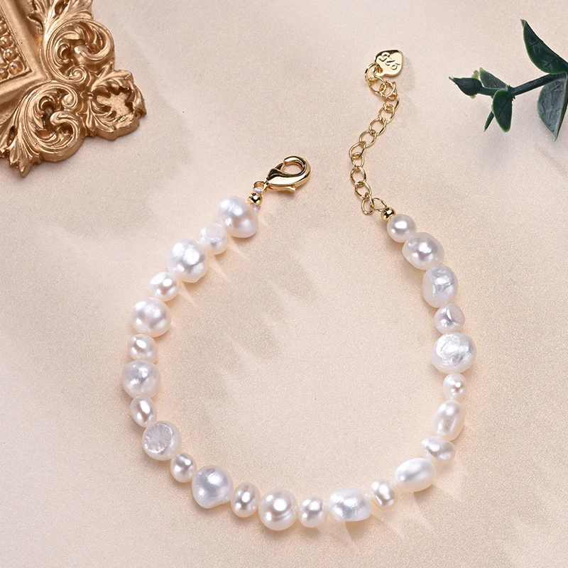 Natural Freshwater Pearls Mixed Sizes Baroque Shape Bracelet S925 Sterling Silver Chain Fine Fashion Jewelry Hot Gifts for Women