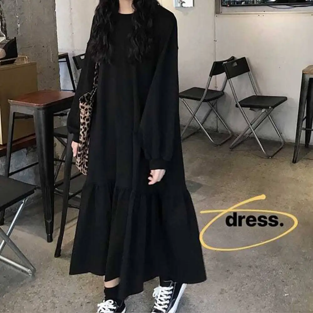 Plus Size 5XL 150KG Autumn Long Dress Black Long Sleeve O Collar Loose Waist Female Oversized Long Sleeve Party Evening Dress