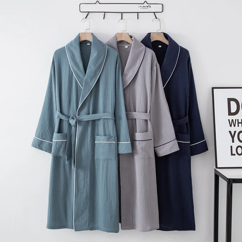 Cotton Hotel Couple Nightgown Long Sleeve Cardigan Over Knee Plus Size Home Nightdress Men's and Women's Bathrobe with Belt