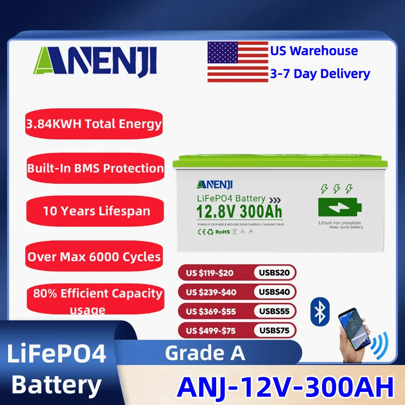 ANENJI LiFePO4 Battery 12V 300AH 3840wh With Bluetooth Deep 6000+ Cycles BMS Lithium Iron Phosphate Battery Solar Energy Lithium Bateria Pack Batteries For RV Inverter Solar Panel