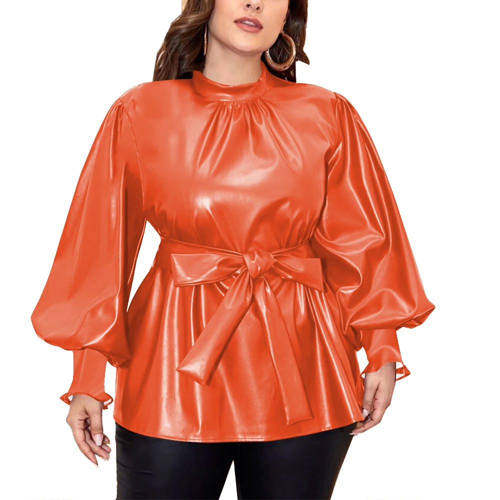 بلوزة عصرية بأكمام طويلة منتفخة بقصة ضيقة من البولي يوريثان مع حزام خلفي وسحاب علوي للسيدات قطع علوية كلاسيكية من الجلد الصناعي للمكتب #1
