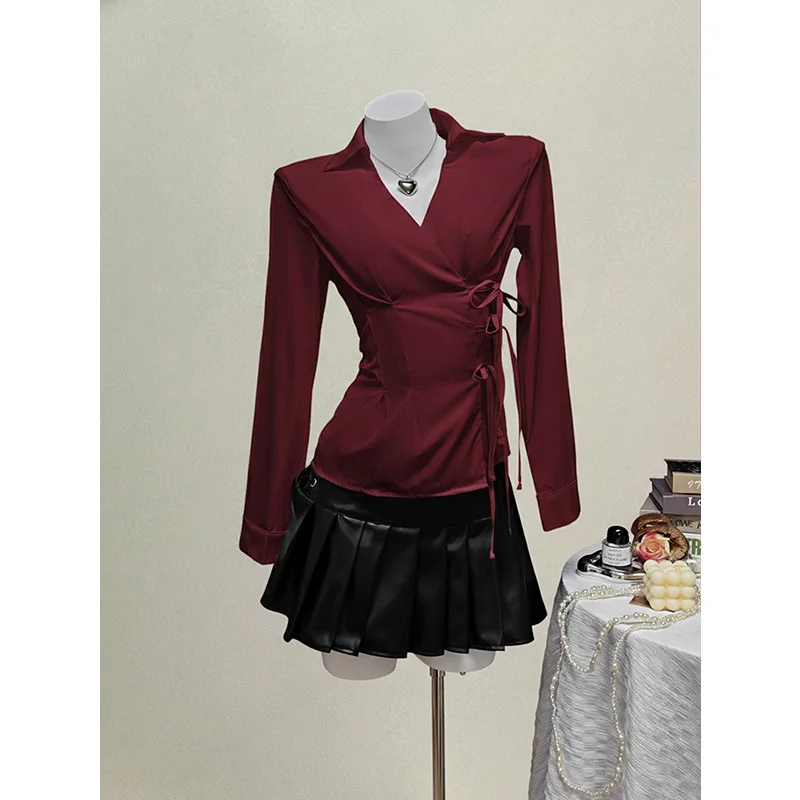 Benuynffy 2025 Otoño Invierno Color sólido Top con cordones mujer moda manga larga Y2k ropa de calle camisas y blusas blancas mujer nuevo