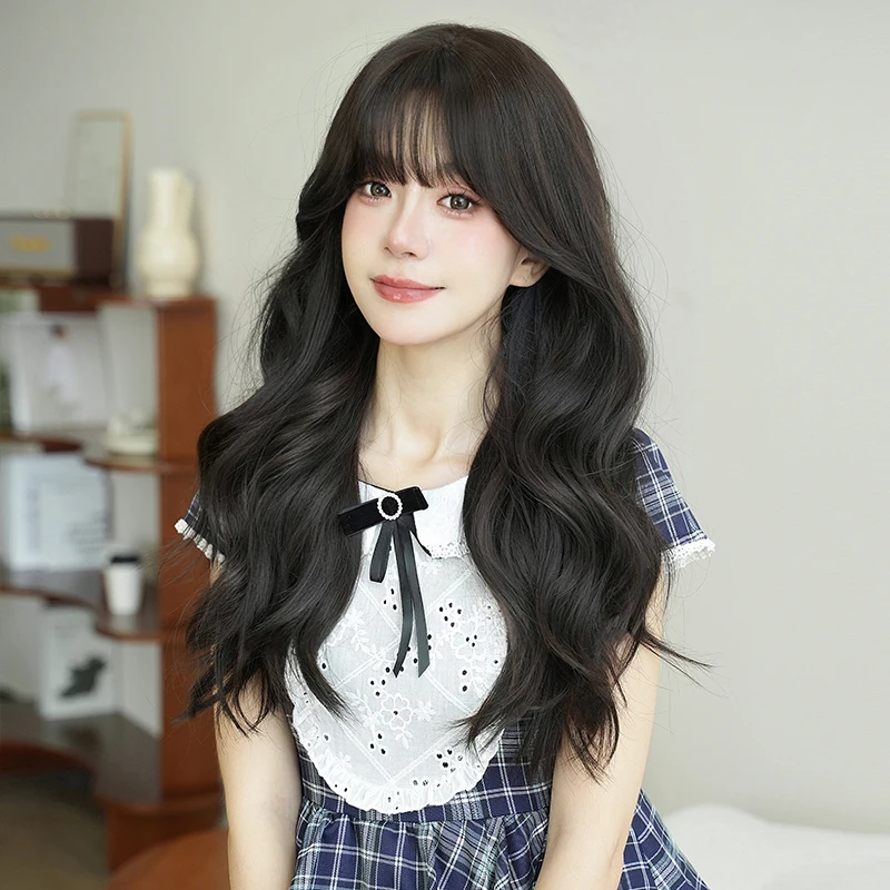 

NAMM Costume Wig Synthetic Body Wavy Dark Brown Wig For Women Daily Use High Density Layered Hair Wigs With Fluffy Bangs