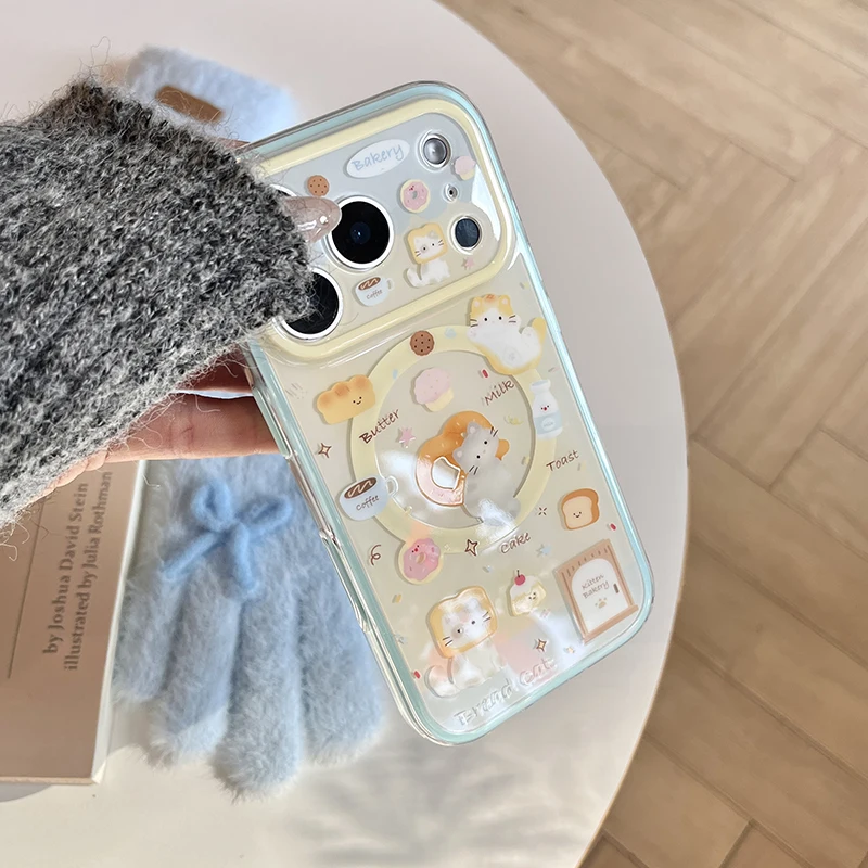 Kawaii Cartoon Bread Cat Magnetic Phone Case For iPhone 17 Pro 15 14 16 Pro Max Cover with Magsafe Stand Holder Cute Cases Funda view 3