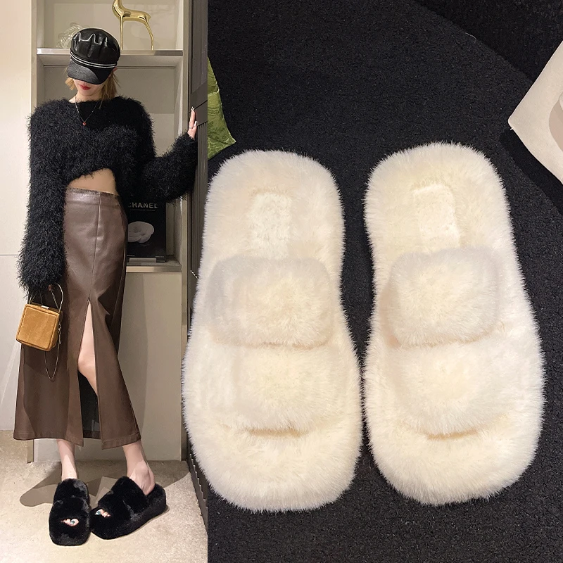 Women Spring Autumn New Pattern Furry Slippers Women Cross Fluffy Fur  Slides Flat Indoor Floor Home Shoes Ladies