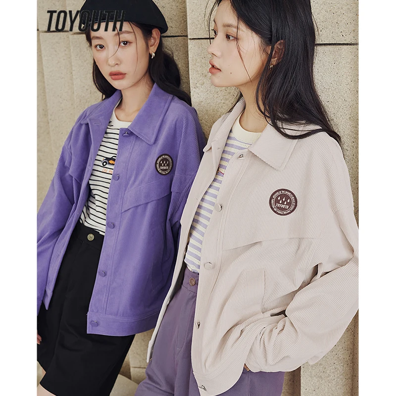 Toyouth Women Corduroy Coat 2023 Spring Long Sleeve Polo Neck Loose Jacket 3D Print Apricot Purple Green Casual Chic Tops