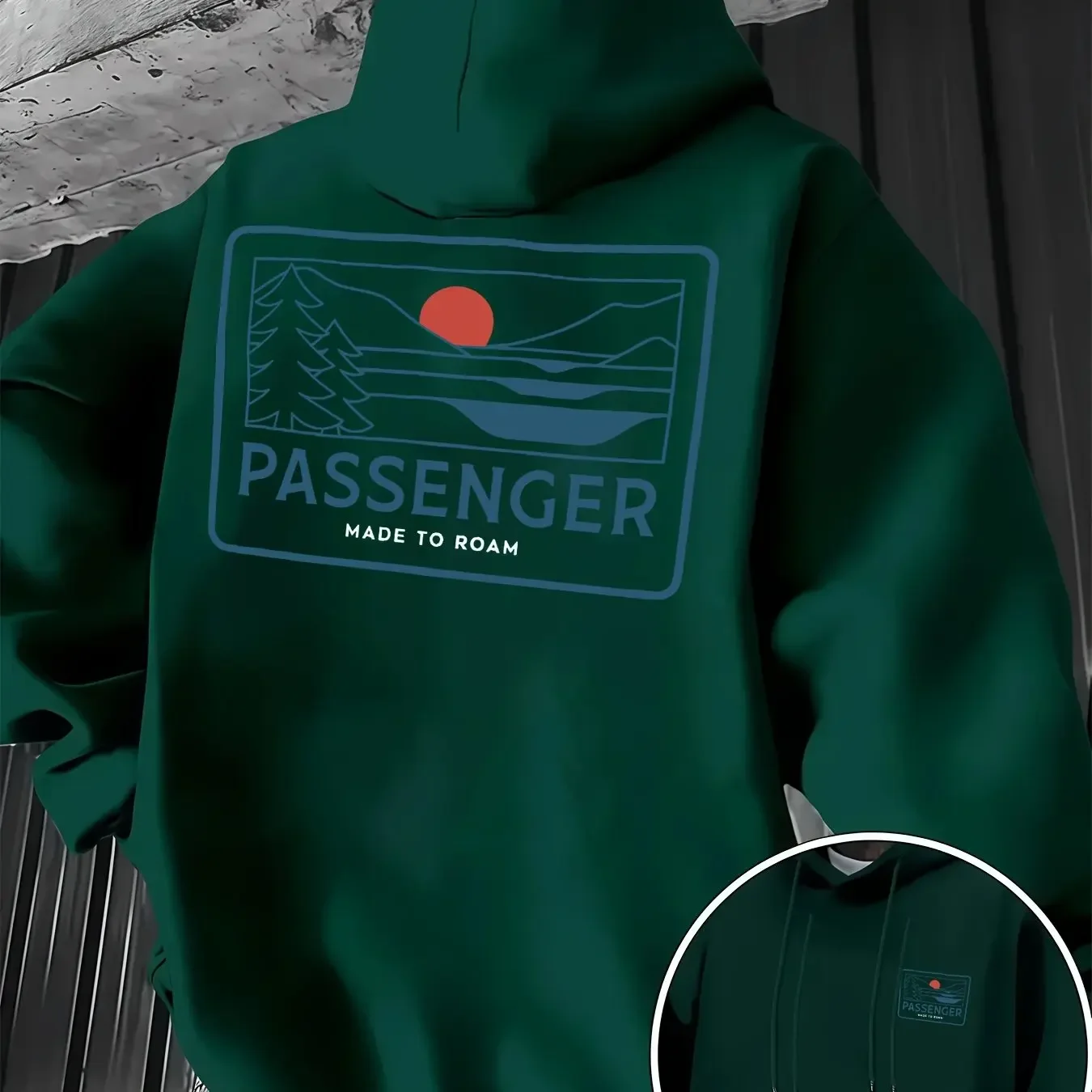 Unisex Hoodie with Minimalist Lines, Artistic Landscape, Sunset, Passenger Text, Soft, Comfortable, and Loose Fit.