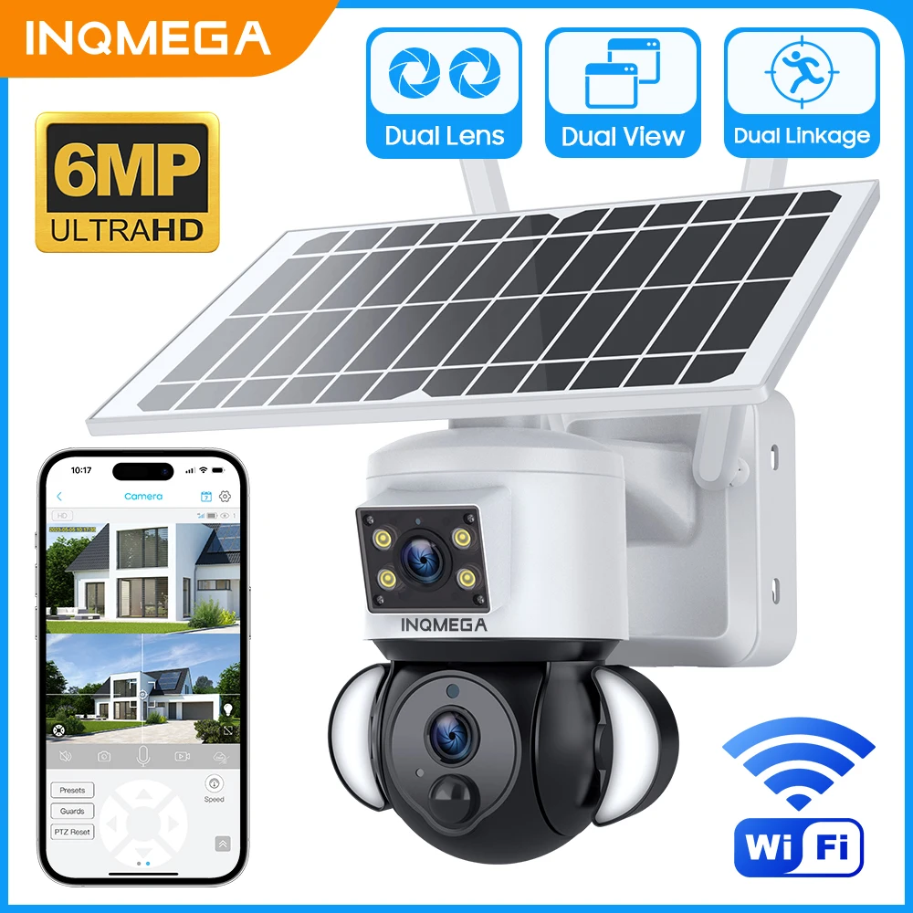 

INQMEGA 6MP wifi Solar Camera Dual View Dual linkage solar battery PTZ Camera Built In Baterries Human Tracking CCTV Camera