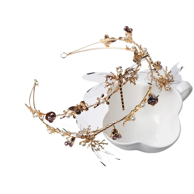 Vintage Bridal Wedding Crown Gold Dragonfly Shape Crystal Bead Hair Accessories Wedding Dress Accessories