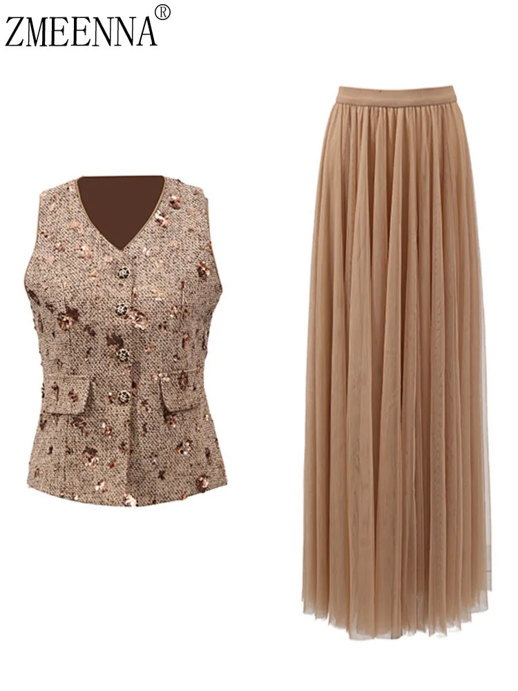 

ZMEENNA Womens Sequin Tweed Vest And Tulle Maxi Skirt Set Elegant Vintage Inspired Outfit Chic Two Piece Ensemble ZM3165
