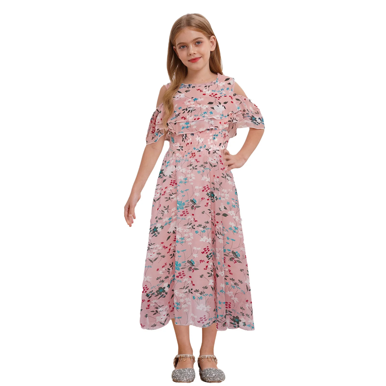 

Girl Chiffon Dress Floral Print Long Dress Cold Shoulder Ruffled Bohemian Flower Dress Kids Causal Clothes Summer Beachwear