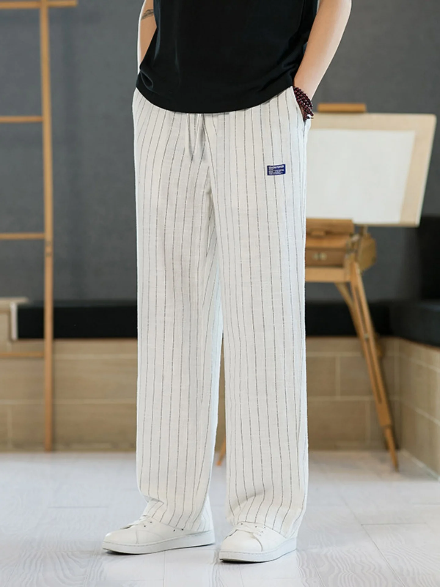

Summer Thin Cotton Linen Pants Men's Casual Wide Leg Loose Fit Striped Straight Cut Trousers Breathable Comfortable Long Trou...