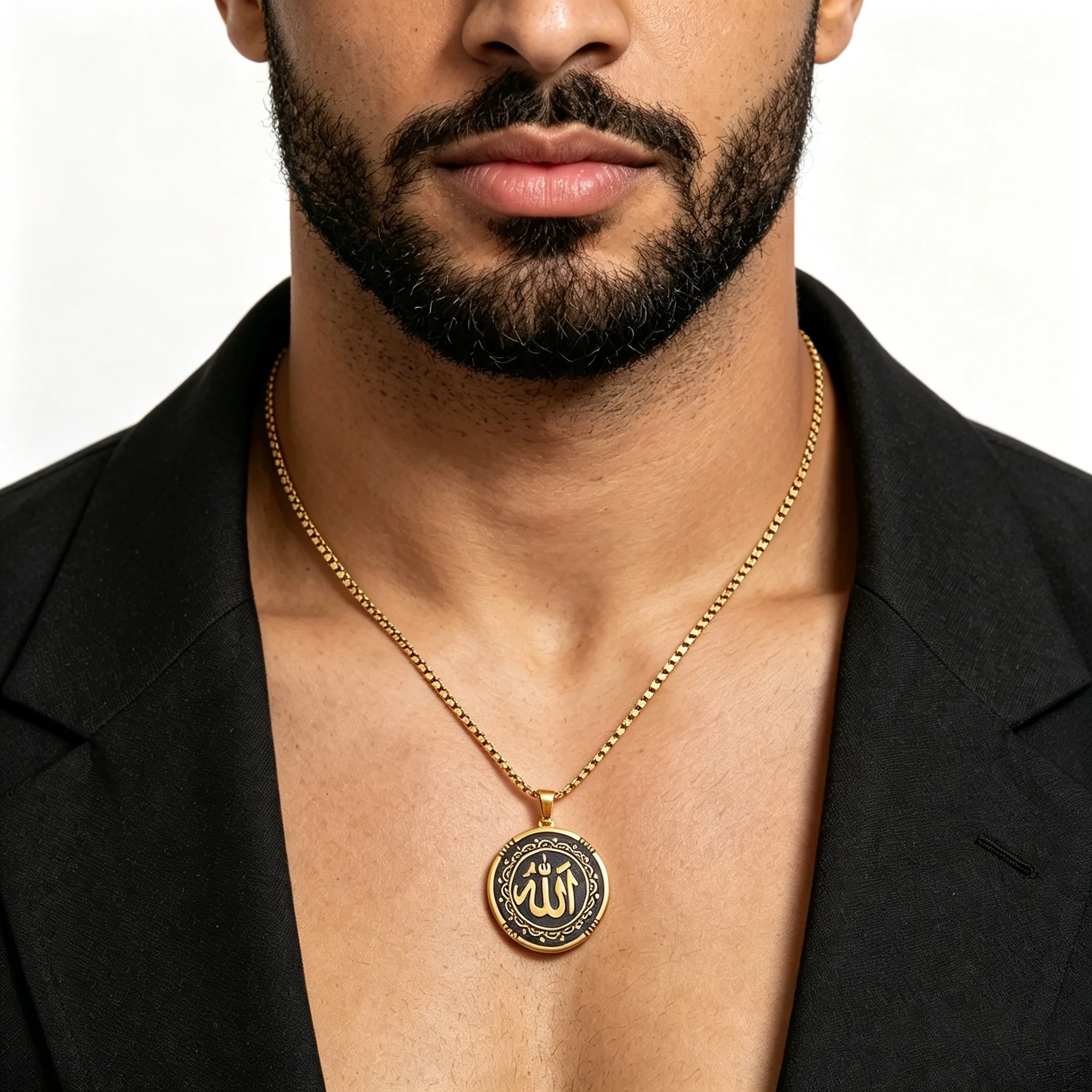 Stainless Steel Allah Retro Necklace, Arabic Calligraphy Islamic Round Pendant Necklace, Religious Jewelry for Men and Women Muslims, Available in Gold and Silver Colors