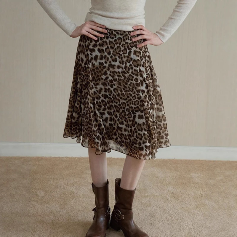 

2026 Summer New Retro Coffee Leopard Pattern Casual High Waist Flaw ruffled Half length Skirt for Women