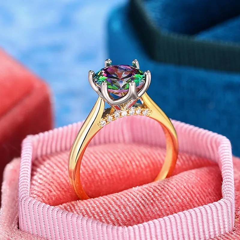 New Fashionable Seven Color Six Claw Zircon Bridal Ring, Classic Simple and Versatile, High End, Colorful Cube  Jewelry