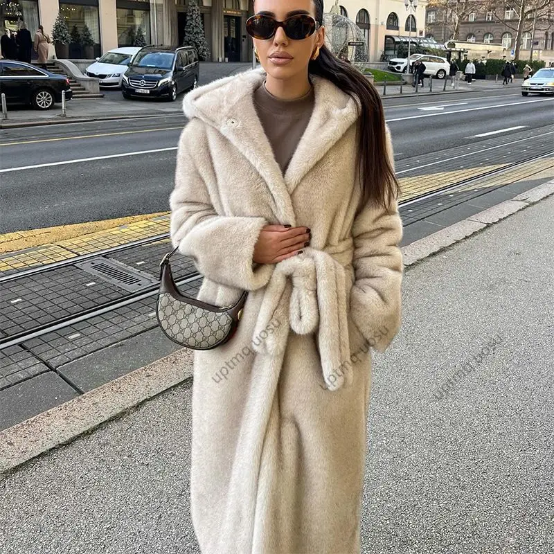 Animal Natural Color Gradient Belted Faux Mink Fur Maxi Coat Winter Clothes Women 2024 Fashion Long Coats Vintage Parka Outwear