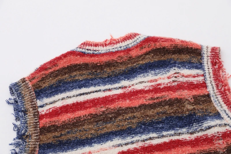 Vintage Farbverlauf Gestreifter Baggy Strickpullover Weste Gewaschener Lässiger Zerrissener Pullover Y2k V-Ausschnitt Ärmellose Strickware Workout – Detail 12