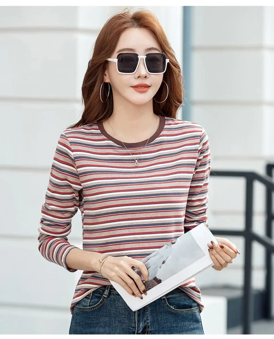 2024 neue Damen bekleidung Rundhals ausschnitt gestreiftes Unterhemd Frühling und Herbst Langarm Tops T-Shirt lose Innen lässig Top – Detail 17