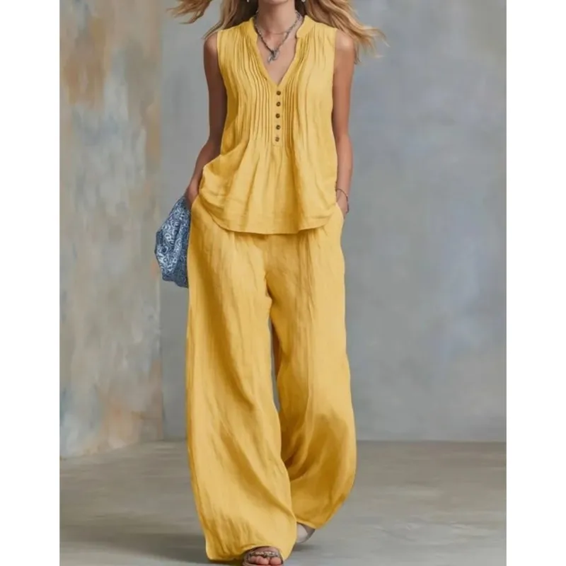 

lady Button Splicing Design Top+wide Leg Pants Two-piece Set Women's Summer Fashion Sleeveless V-neck Top Pants Office Outfit