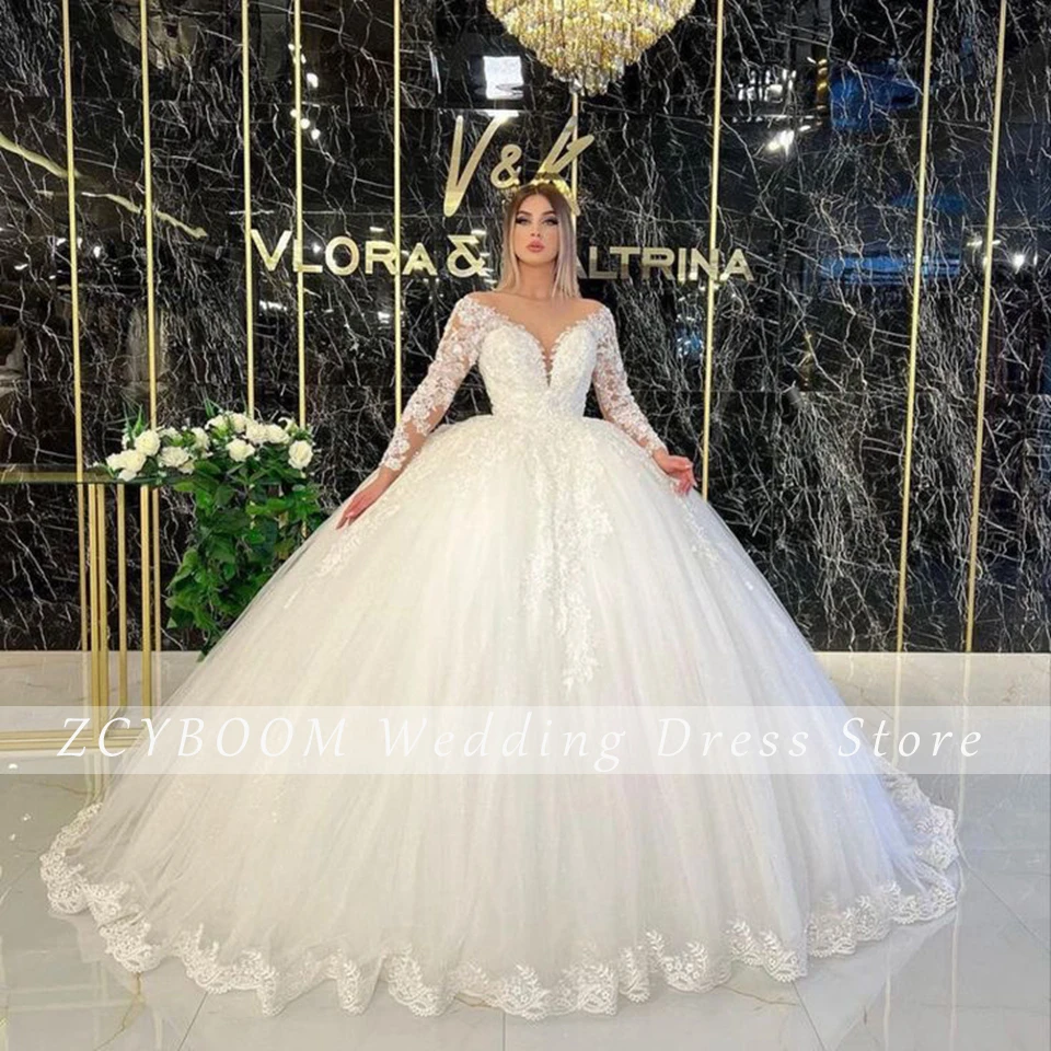 Customized Lace Appliques Long Sleeves For Women Wedding Dress 2024 Ball Gown Floor Length Sweep Train Princess Bridal Gown