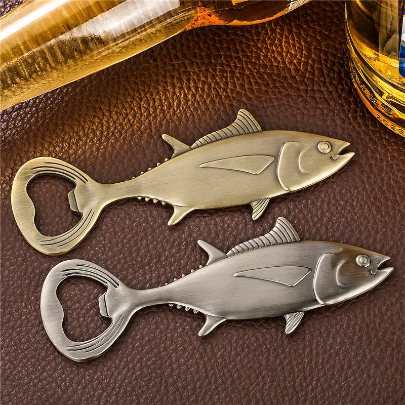 Creative Tuna Fish Shape Metal Bottle Opener Beer Soda Corkscrew Openers for Club Kitchen Bar Wedding Party Gift Set with Bag