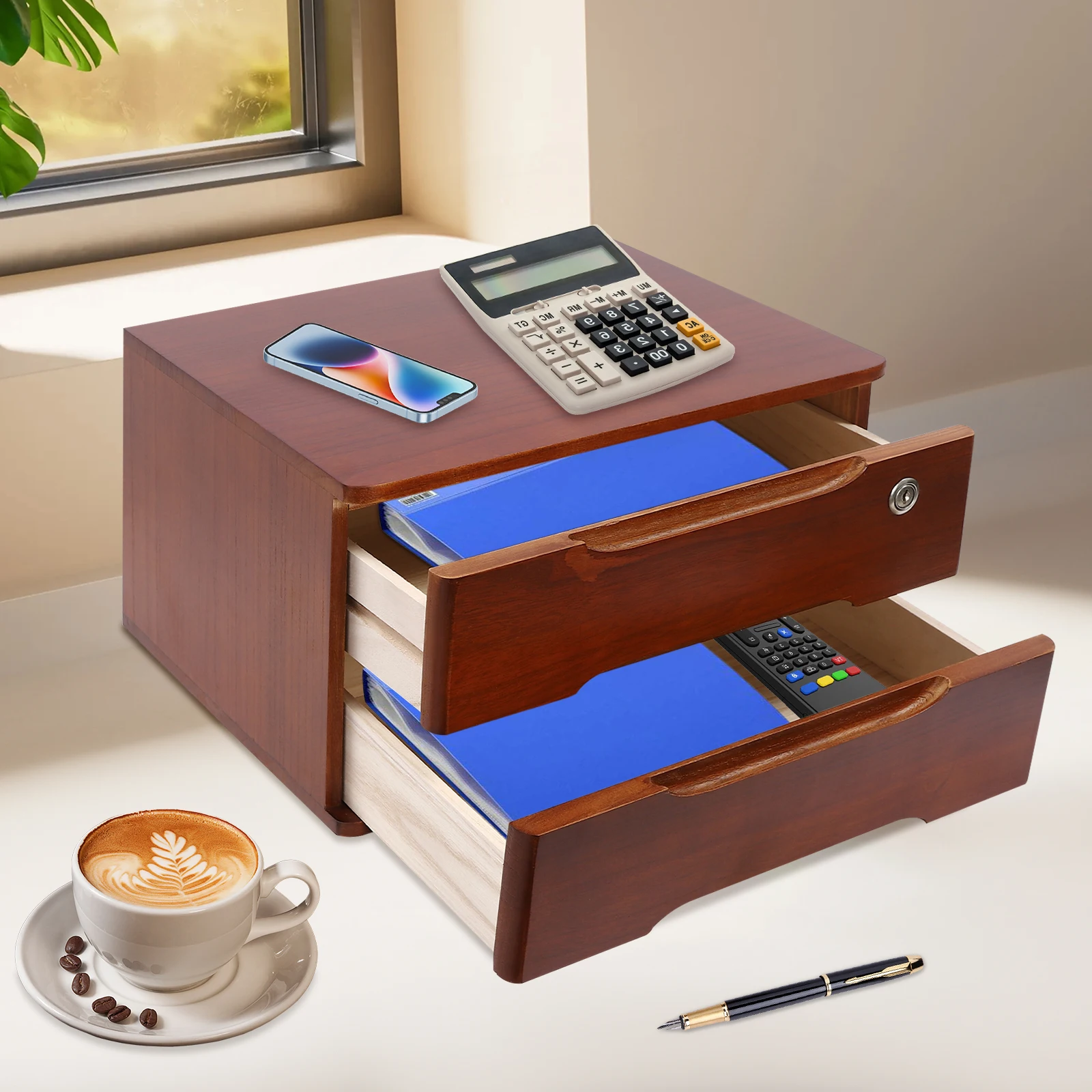 

2-storey Walnut Storage Cabinet with Lock Wooden Desktop Organizer Large Capacity Storage Drawer Multifunctional Locker