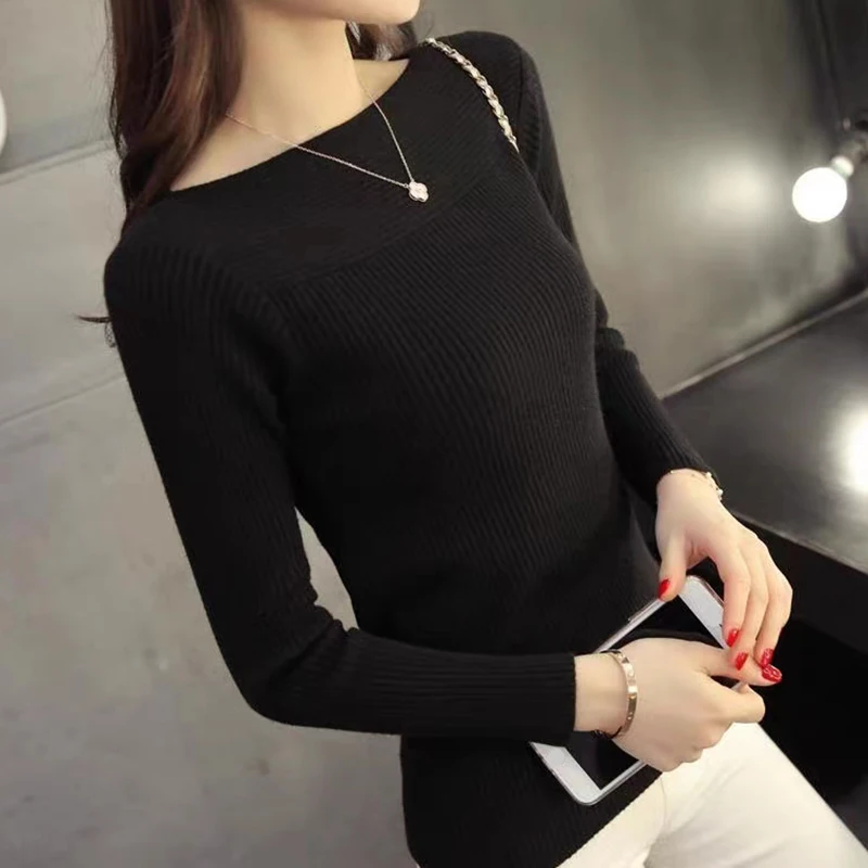 Women Ribbed Slash Neck Slim Sweater Knitted Long Sleeve Office Sweaters Casual Solid Pullovers For Women 2024 Autumn