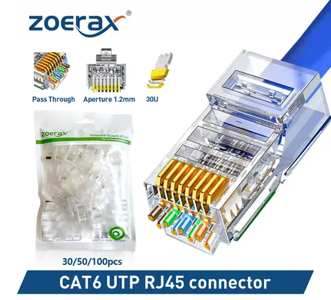 ZoeRax CAT6a Cat6 CAT5e 패스스루 RJ45 모듈형 플러그 네트워크 커넥터 UTP 30μ 이더넷 케이블용 금도금 1.2mm 구멍 끝
