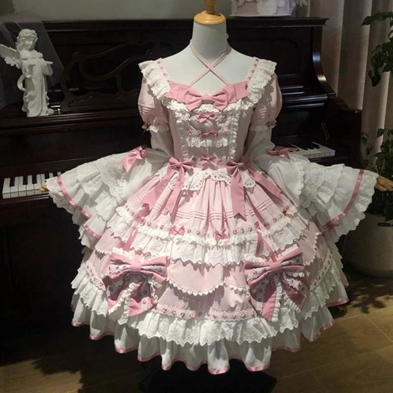 

Long Sleeve OP Vintage Lolita Dress Women Pink Sweet Elegant Princess Sleeves Dress Girls Cute Lolita Princess Daily Wear Dress