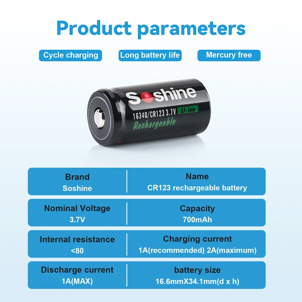 Soshine 3.7V 700mAh 16340 Lithium Batteries RCR123 CR123 Li-ion Rechargeable Battery for Flashlight Smoke Alarm Water Meter Toy