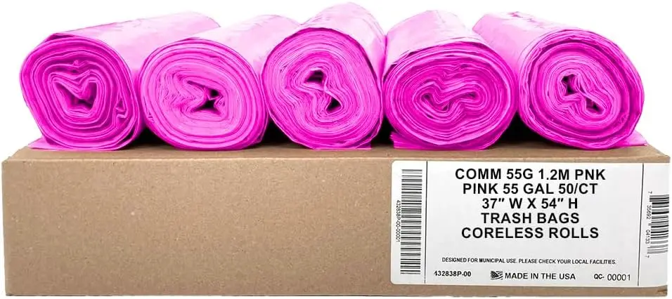 

55 Gallon Heavy Duty Pink Trash Bags - 50 Pack, 1.5 Mil, 37x54 inches for Large Cans