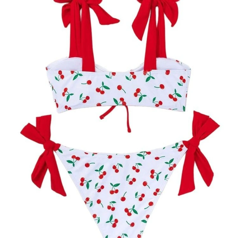 Biquíni branco fofo com cadarço, duas peças, alça espaguete, maiô com estampa cereja