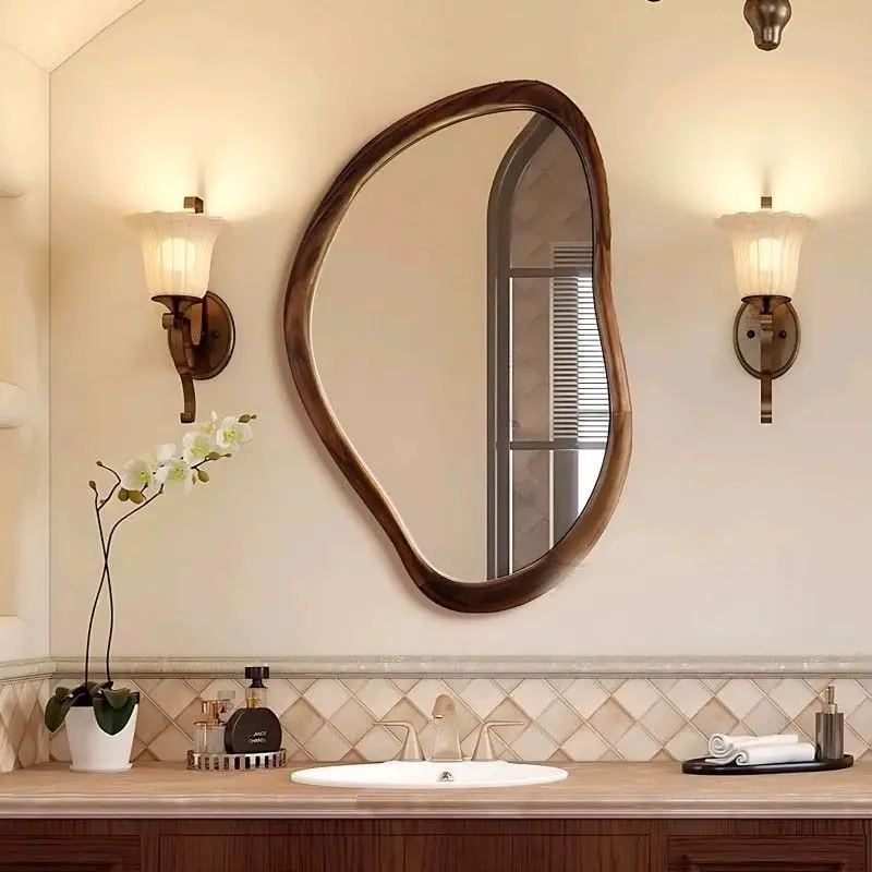 

Walnut Wood Bathroom Mirror Retro Bath Mirrors Household Dressing Table Modern Ornament Bedroom Luxury Wall Mounted Accessories