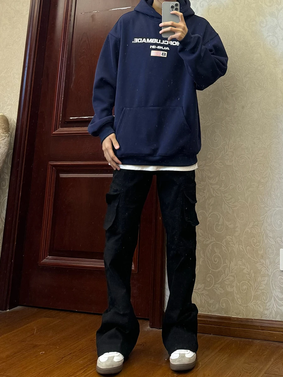 Black Workwear Style Straight Leg Jeans Men's Spring Season Multi-Pocket Tapered Long Pants Cleanfit Youth Fashion Jeans