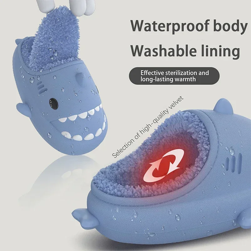 Urocze kapcie w kształcie rekina z kreskówki, ocieplane polarem, lekkie kapcie domowe z odkrytymi palcami dla chłopców i dziewczynek, idealne na zimę.