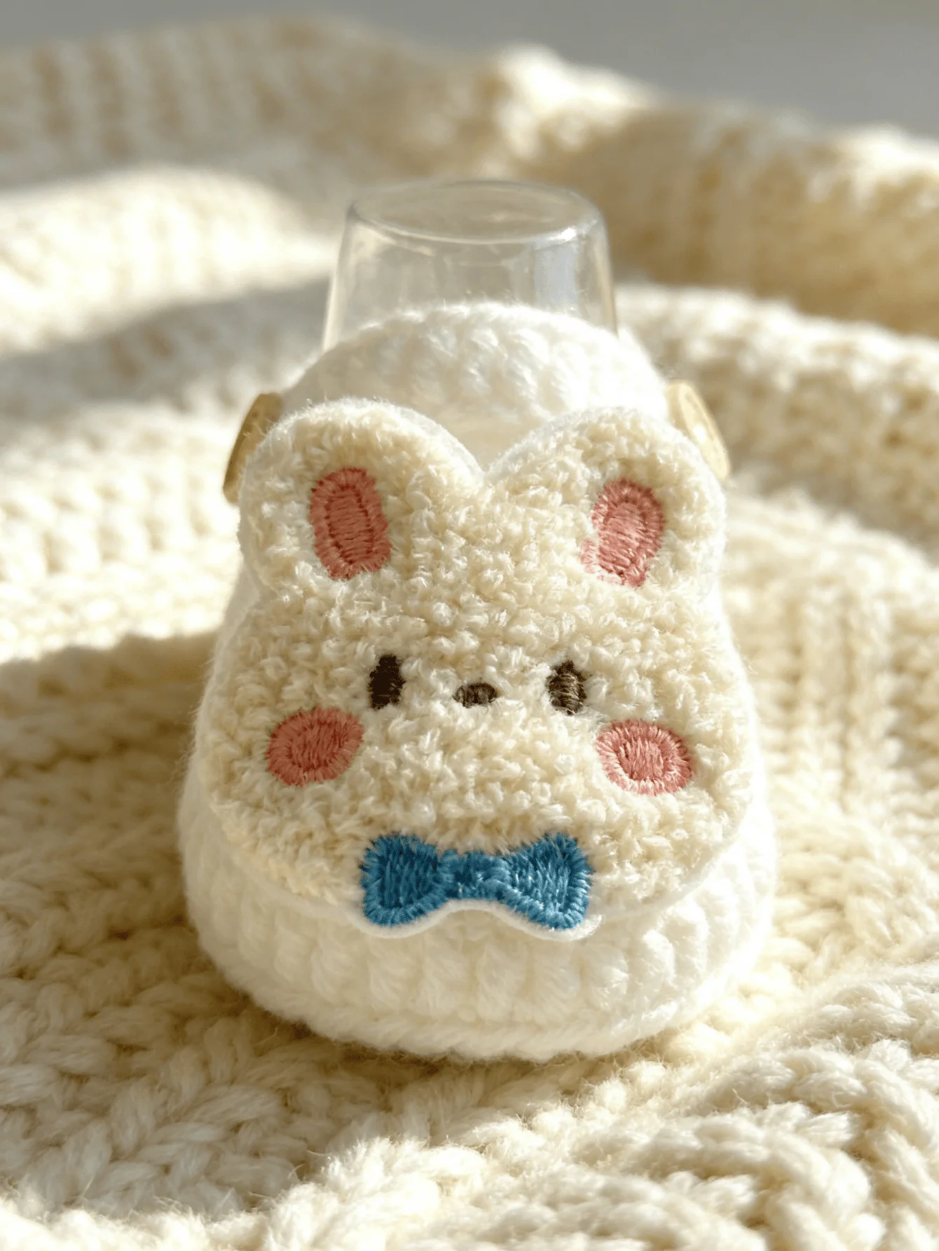 1 Pair Crochet Baby Booties with Bunny Embroidery, White, Button Closure, Newborn Infant Shoes