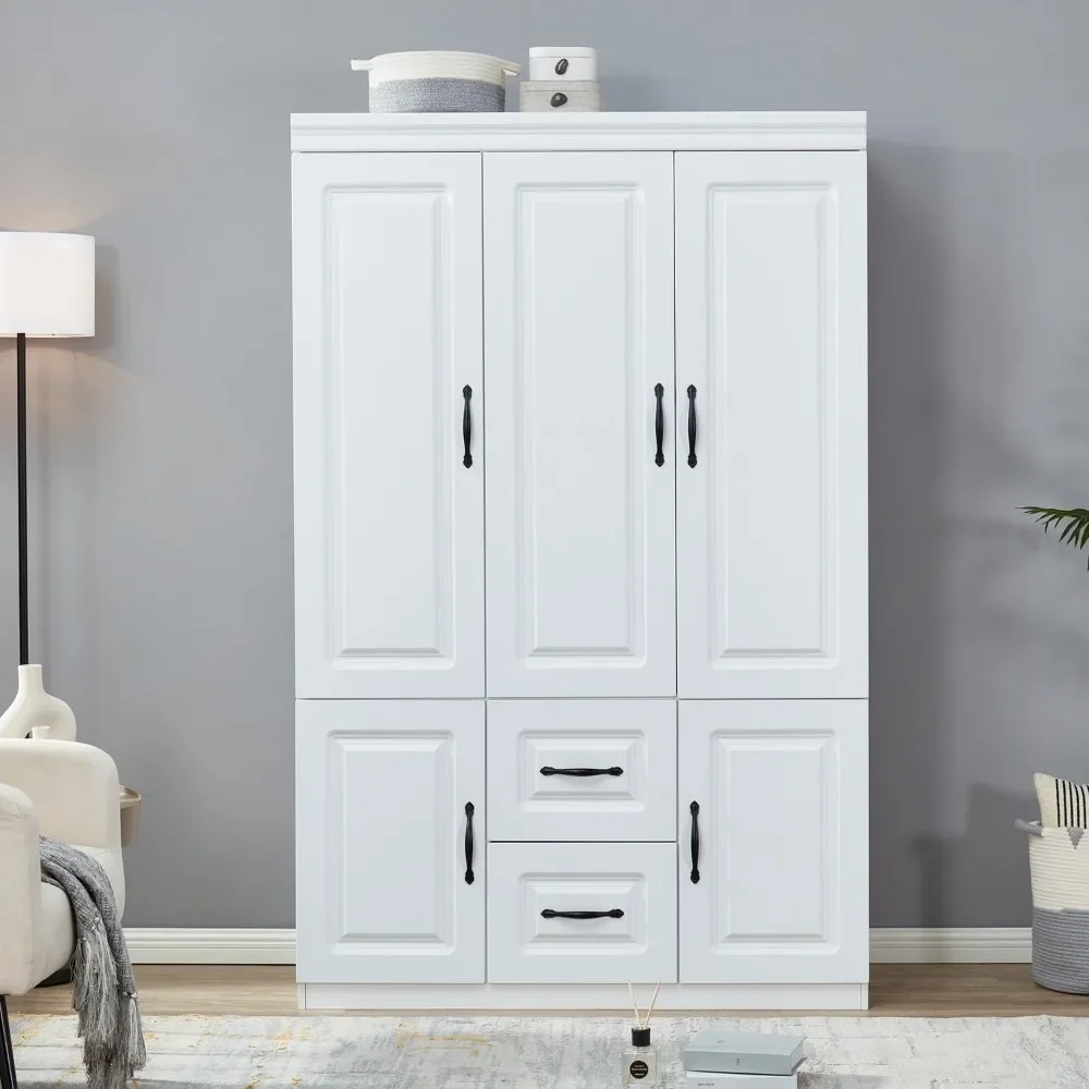 

Armoire Wardrobe Closet with High Storage Capacity, Armoire Wardrobe Closet with Hanging Rod, 3 Doors 2 Drawers Wooden Wardrobe