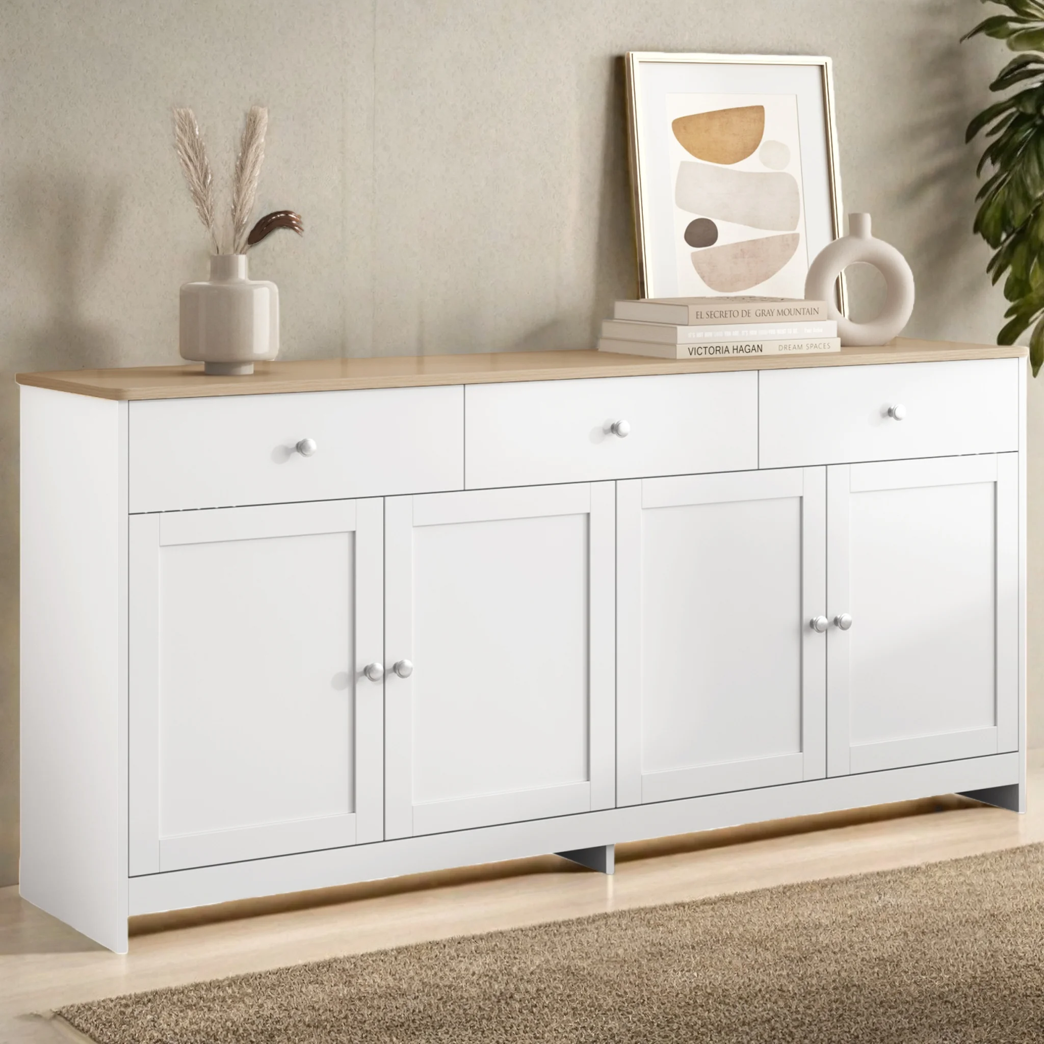 Armoire de rangement Comanlai en chêne à quatre portes et trois tiroirs, buffet multifonctionnel pour salon, armoire de rangement domestique