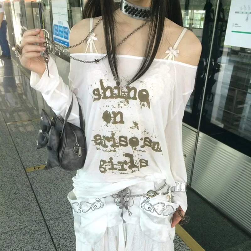 Karrram اليابانية Y2k قبالة الكتف القمم Trashy 2000s نمط إلكتروني تي شيرت مطبوع محبوك خمر Harajuku شير الأعلى الأمريكية الرجعية